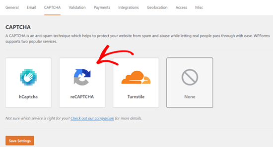 Sélectionner le type de CAPTCHA dans WPForms
