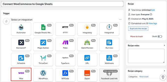 Woo für Trigger-Integration auswählen
