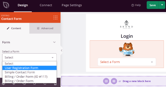 Select your registration form in SeedProd Select your registration form in SeedProd