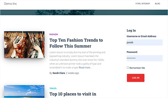 Aperçu du bloc Theme My Login dans la barre latérale