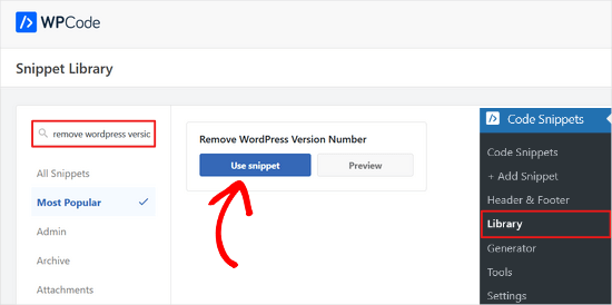 Wählen Sie den WPCode-Snippet "Remove WordPress Version Number" aus