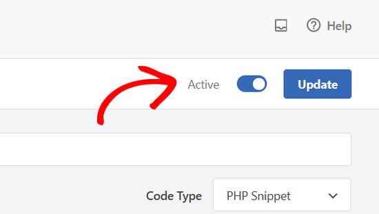wpcode-update-button Switch the code snippet to Active and click Update in WPCode