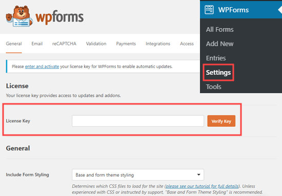 Entering your license key for WPForms Entering your license key for WPForms
