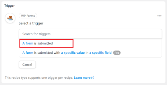 Choose a form is submitted option Choose a form is submitted option