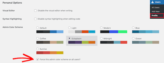 Check force admin color scheme checkbox Check force admin color scheme checkbox