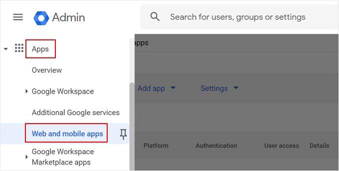 Välja menyn Web- och mobilappar i Google Admin Console