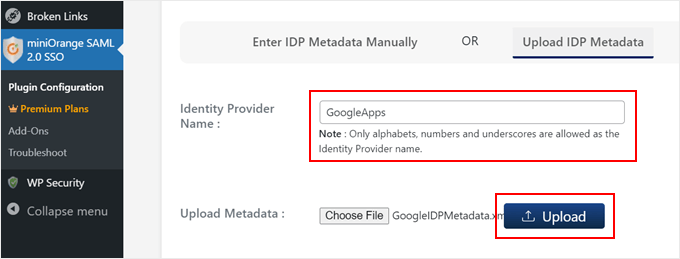Konfigurera Googles IdP-metadata i miniOrange