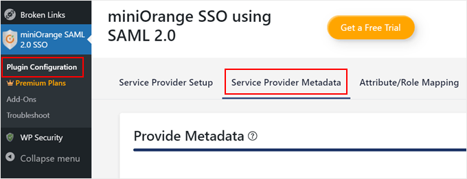 Öppna fliken Service Provider Metadata i miniOrange