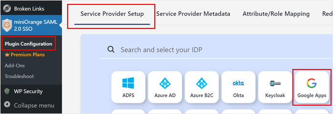 Välja Google Apps IdP i miniOrange
