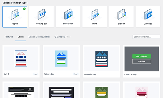 Type de campagne OptinMonster