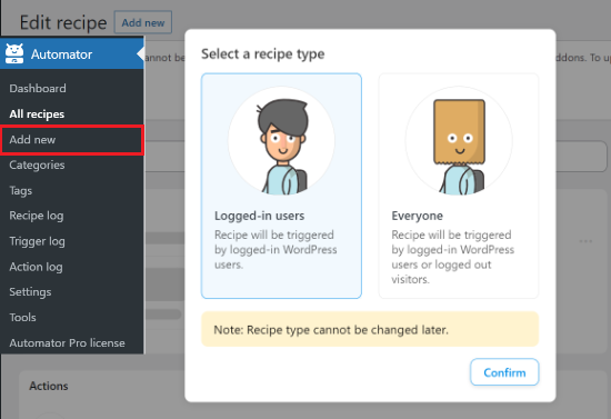Select the logged in recipe type Select the logged in recipe type