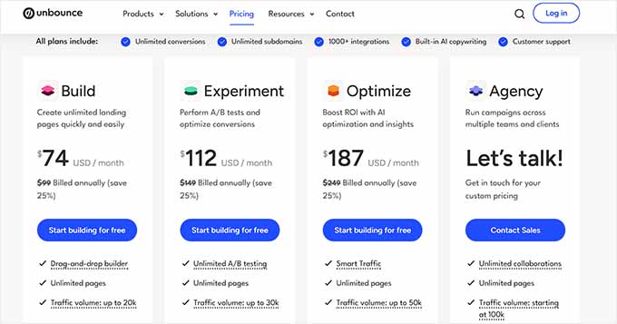 Unbounce pricing page