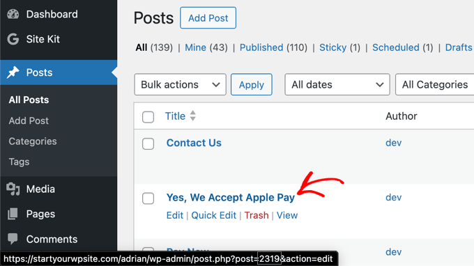 Finding the Post ID by hovering over a post in the WordPress dashboard.