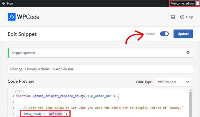 Activez l'extrait pour remplacer 'Salut Admin'