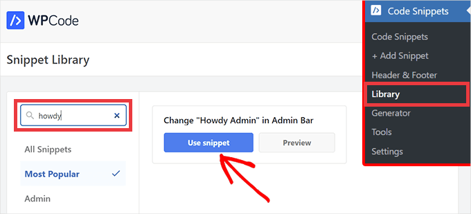 Sélectionnez l'extrait 'Salut' dans WPCode