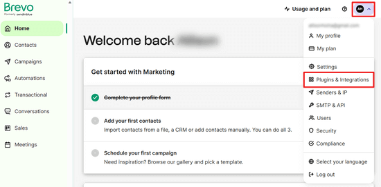 Go to integrations menu Go to the Plugins and Integrations menu option