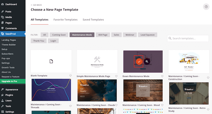 Choose a maintenance page template SeedProd's ready-made maintenance templates