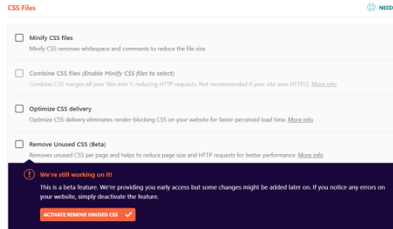 Click the Remove Unused CSS option Click the Remove Unused CSS option