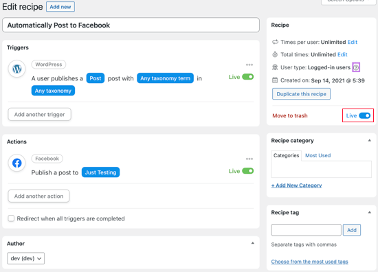 Przełącz przycisk przełączający z wersji roboczej na aktywną