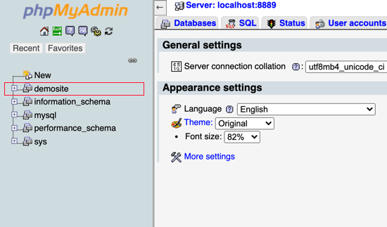 WordPressデータベースを選択