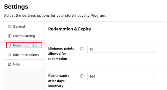Redemption and expiry settings Redemption and expiry settings