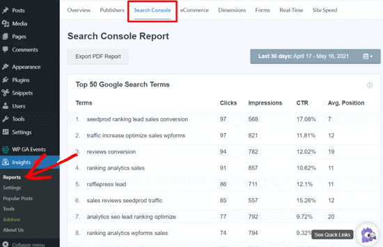 MonsterInsights Google Search Consoleのトップキーワードデータ