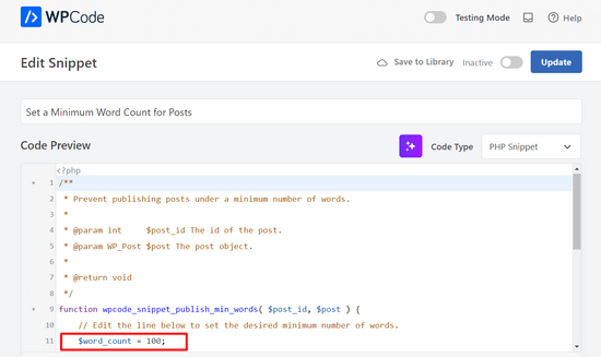 Editează linia pentru a schimba numărul minim de cuvinte