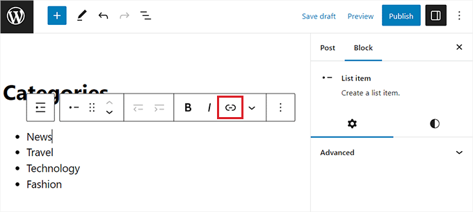 Faceți clic pe pictograma Link din bara de instrumente a blocului