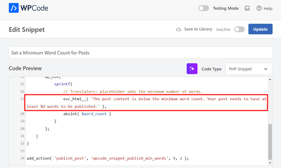 Editați mesajul de eroare pentru numărul minim de cuvinte
