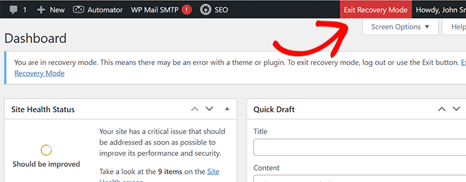 Exiting the recovery mode in WordPress Exiting the recovery mode in WordPress