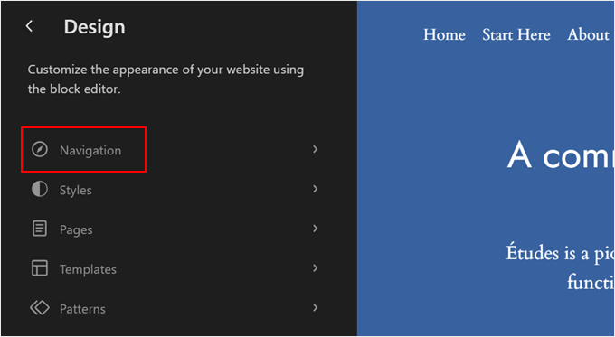 Auswahl der Schaltfläche „Navigation“ im Full Site Editor