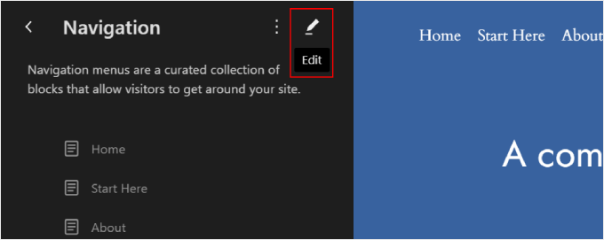 Klicken Sie auf den Bearbeiten-Button, um das Navigationsmenü mit dem Full Site Editor zu ändern
