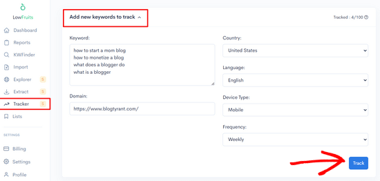 Introduceți cuvinte cheie de urmărit în LowFruits Introduceți cuvinte cheie de urmărit în LowFruits