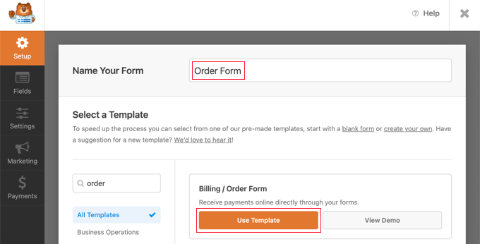 wpforms-formbuilder Select the ‘Billing / Order Form’ Template