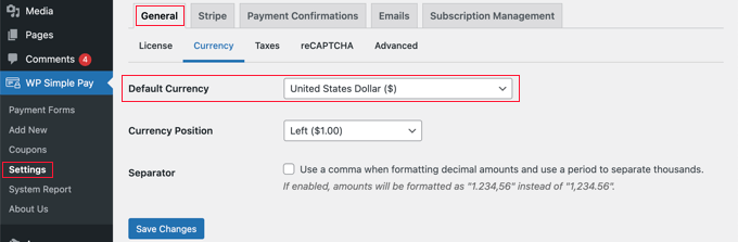 If Necessary, Change the Default Currency for WP Simple Pay If Necessary, Change the Default Currency for WP Simple Pay