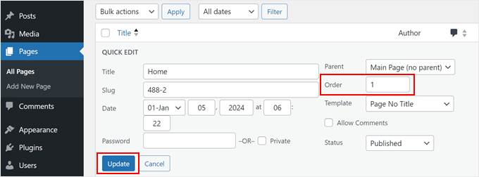 Ändern der Seitenreihenfolge mit Quick Edit in WordPress