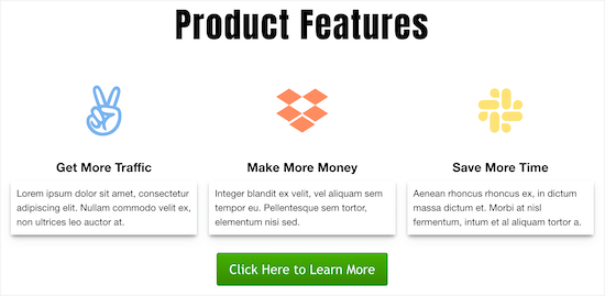 SeedProd feature boxes with icons example SeedProd feature boxes with icons example