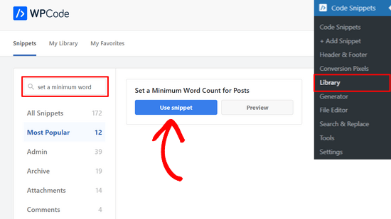 Selectați opțiunea „Set a Minimum Word Count” din biblioteca de fragmente