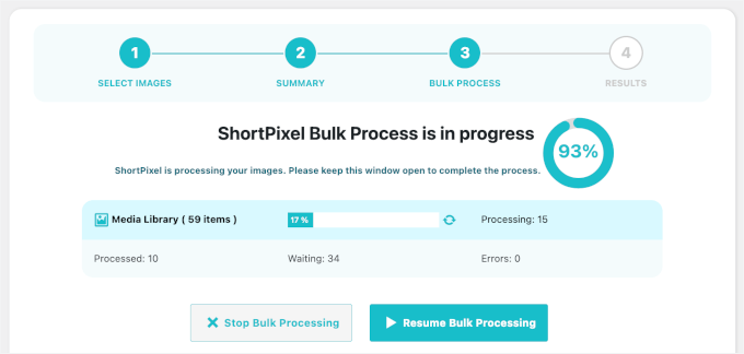 ShortPixelの一括最適化実行中