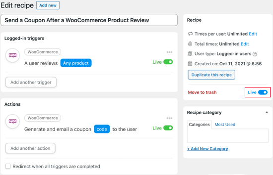 Schalten Sie den Kippschalter von Entwurf auf Live in Uncanny Automator