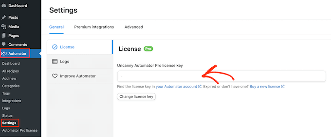 Wprowadzanie klucza licencyjnego Uncanny Automator