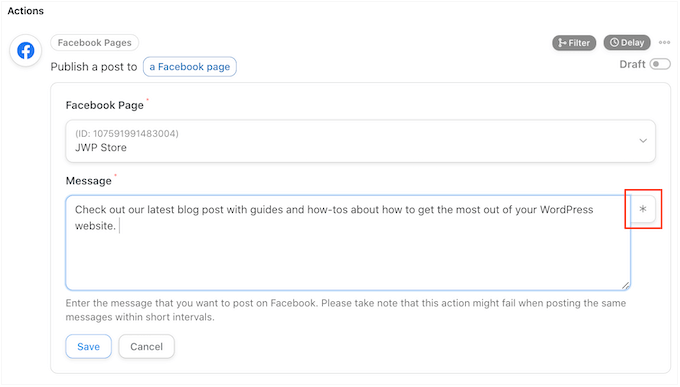 Dodawanie tokenów do niestandardowej wiadomości