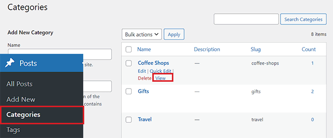 Vizualizați URL-ul categoriei făcând clic pe linkul Vizualizare