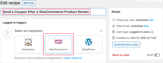 Fügen Sie einen Rezepttitel in Uncanny Automator hinzu