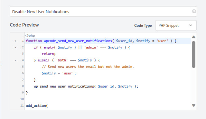 Disable new user notifications code snippet Disable new user notifications code snippet
