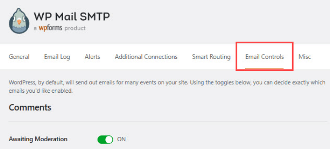Email controls tab in WP Mail SMTP Email controls