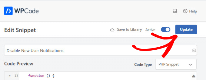 Update button in WPCode Update button in WPCode
