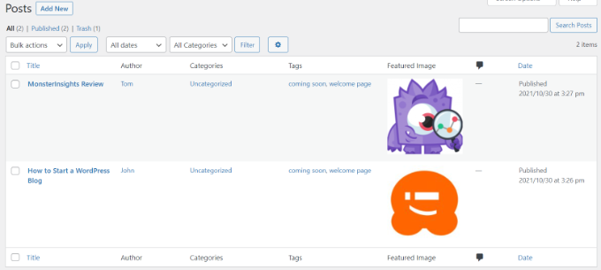 Admin columns preview Admin columns preview