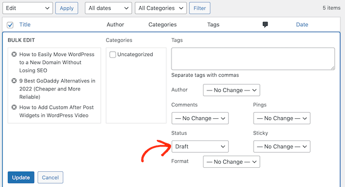 Colocando várias postagens do WordPress em rascunho