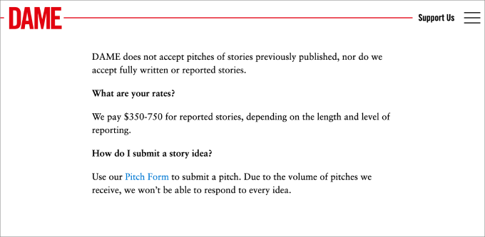 Dame magazine pitch page